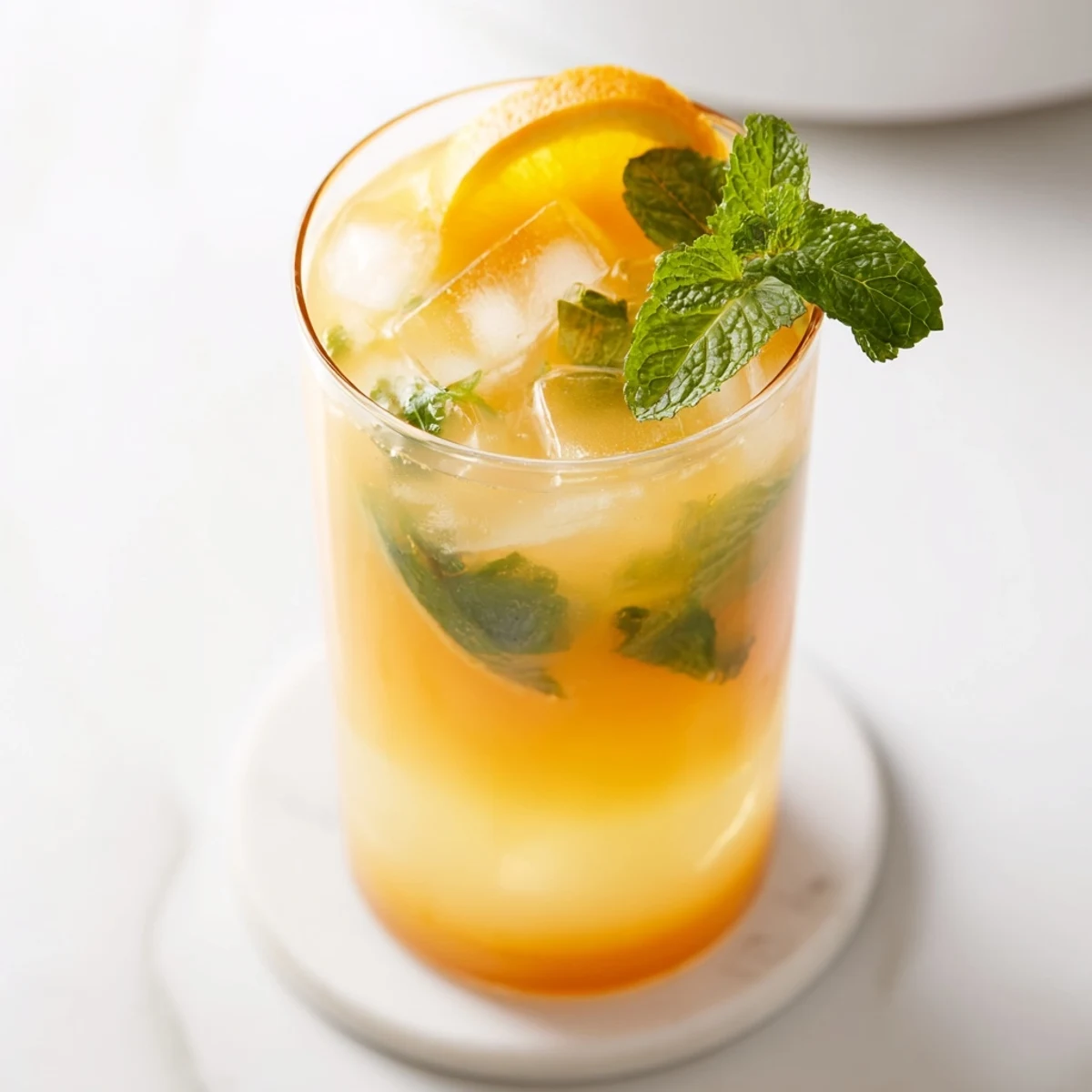 Ice cubes chill a pitcher of Refreshing Coconut Orange Glow, ready for a healthy, hydrating sip.
