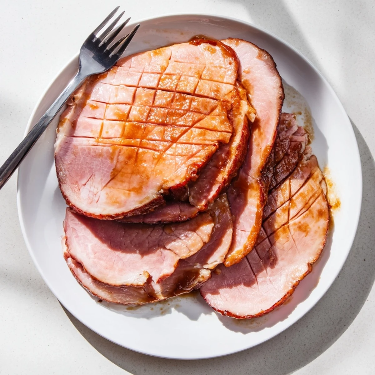 A fully glazed Brown Sugar Mustard Glazed Ham rests on a wooden serving board, its caramelized crust glistening and ready to slice for a festive holiday meal.