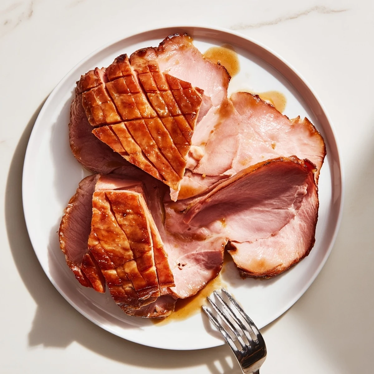 Close-up view of Brown Sugar Mustard Glazed Ham showing the golden, sticky glaze and scored diamond pattern, perfect for a gluten-free main dish at a family gathering.