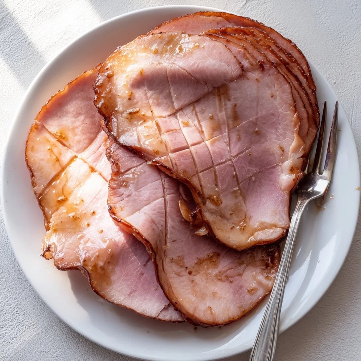 Sliced pieces of Brown Sugar Mustard Glazed Ham are arranged on a white platter next to steaming scalloped potatoes, highlighting the sweet and tangy mustard glaze.