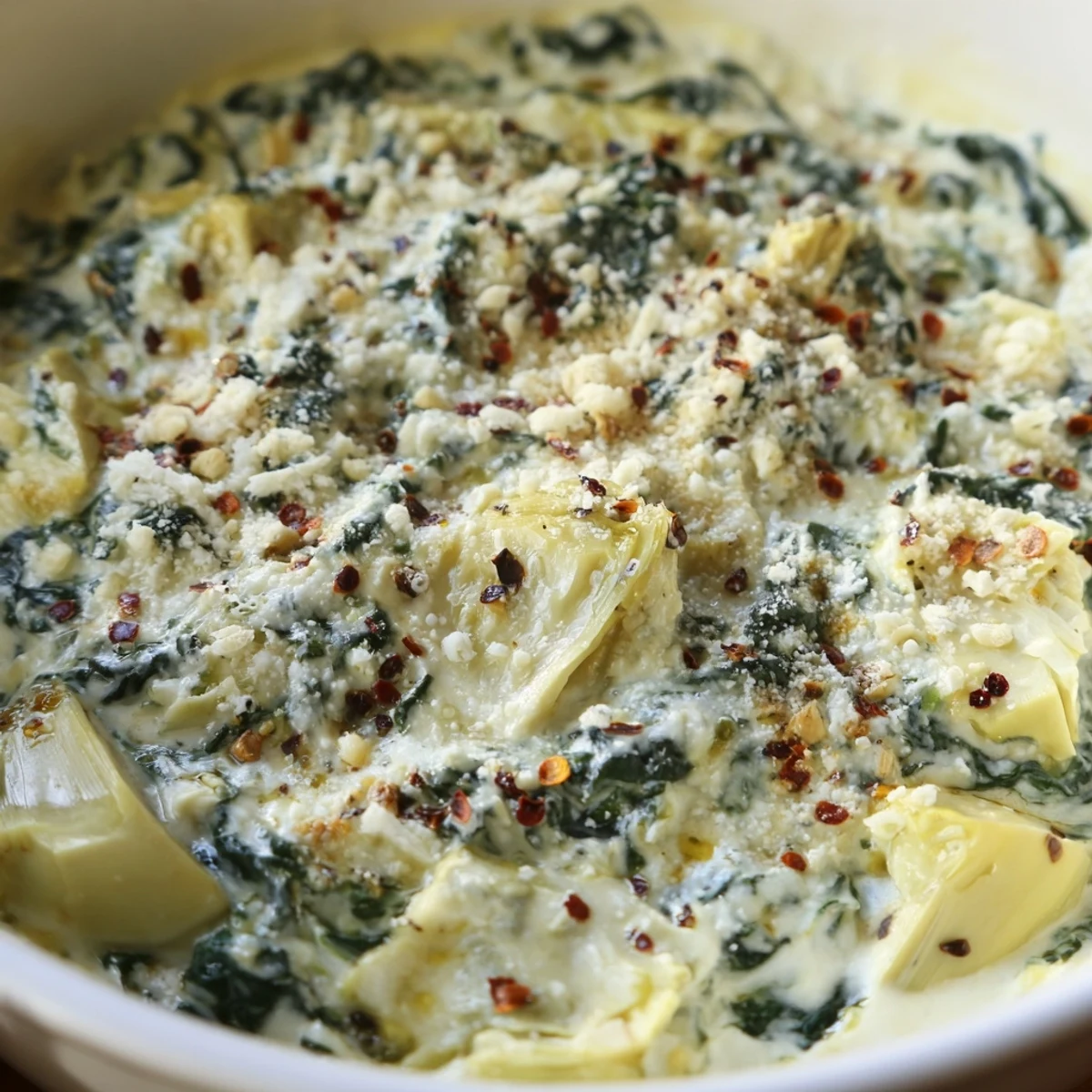 Bubbly Spinach Artichoke Dip Ultimate Recipe in a ceramic dish, garnished with herbs and melted cheese topping.