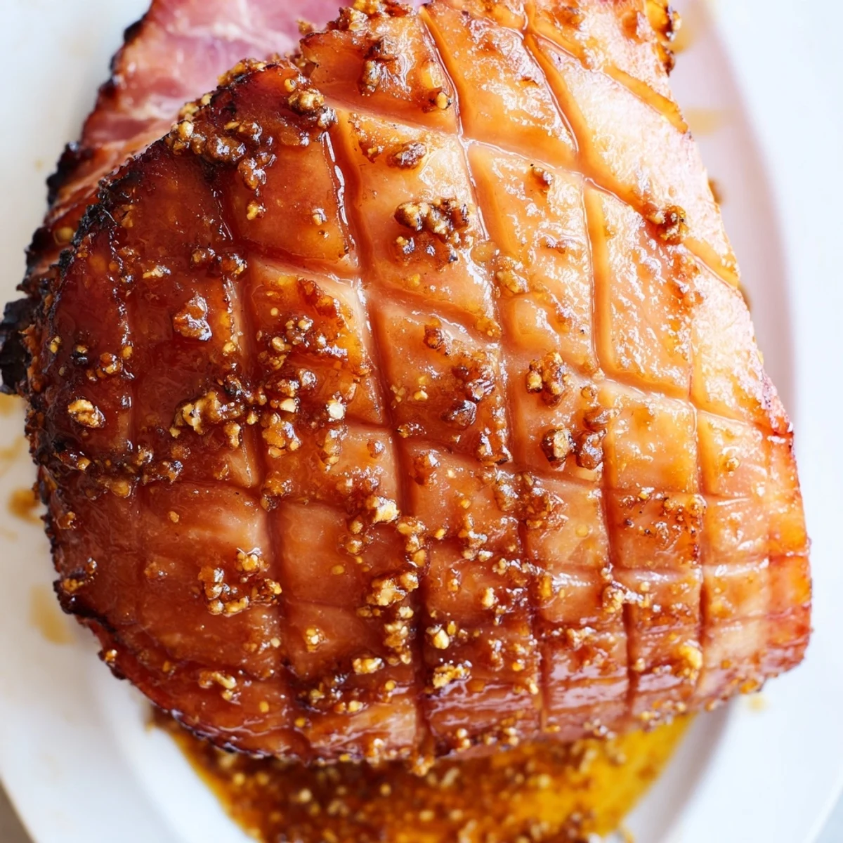 Golden, glazed slices of Baked Ham with Maple Dijon Glaze on a festive platter, garnished with fresh rosemary for a holiday meal.