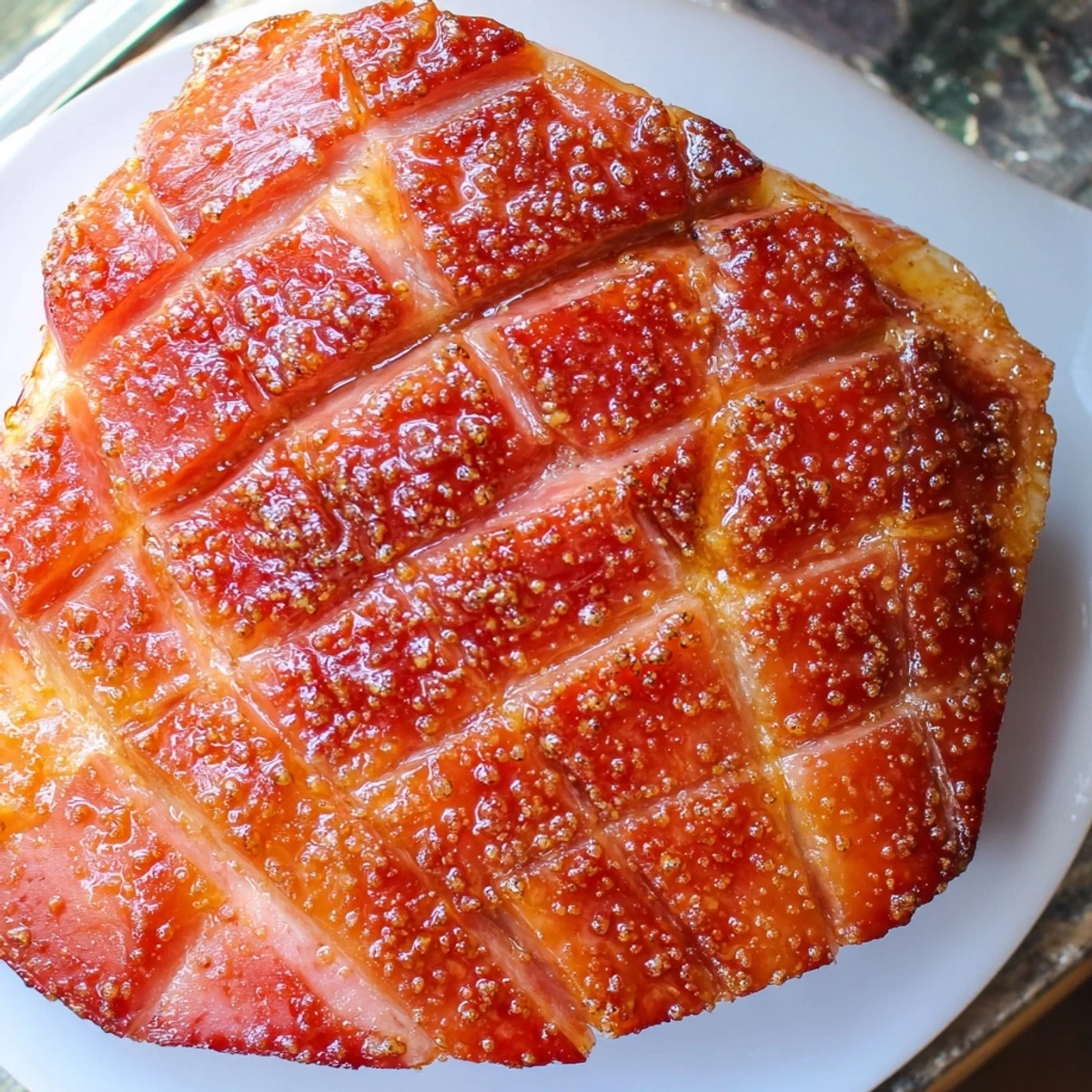 Whole baked ham with Maple Dijon Glaze, freshly carved on a cutting board next to roasted vegetables and mashed potatoes.