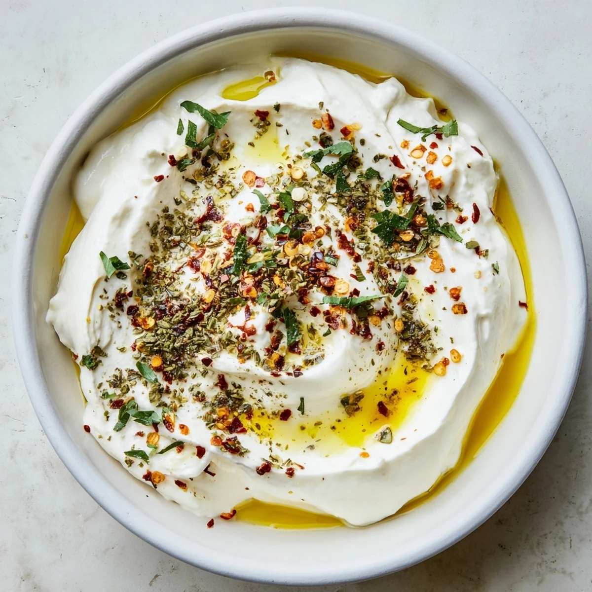 Bright orange feta cheese dip named Tyrokafteri with crumbled peppers and parsley garnish, served in a rustic ceramic bowl.