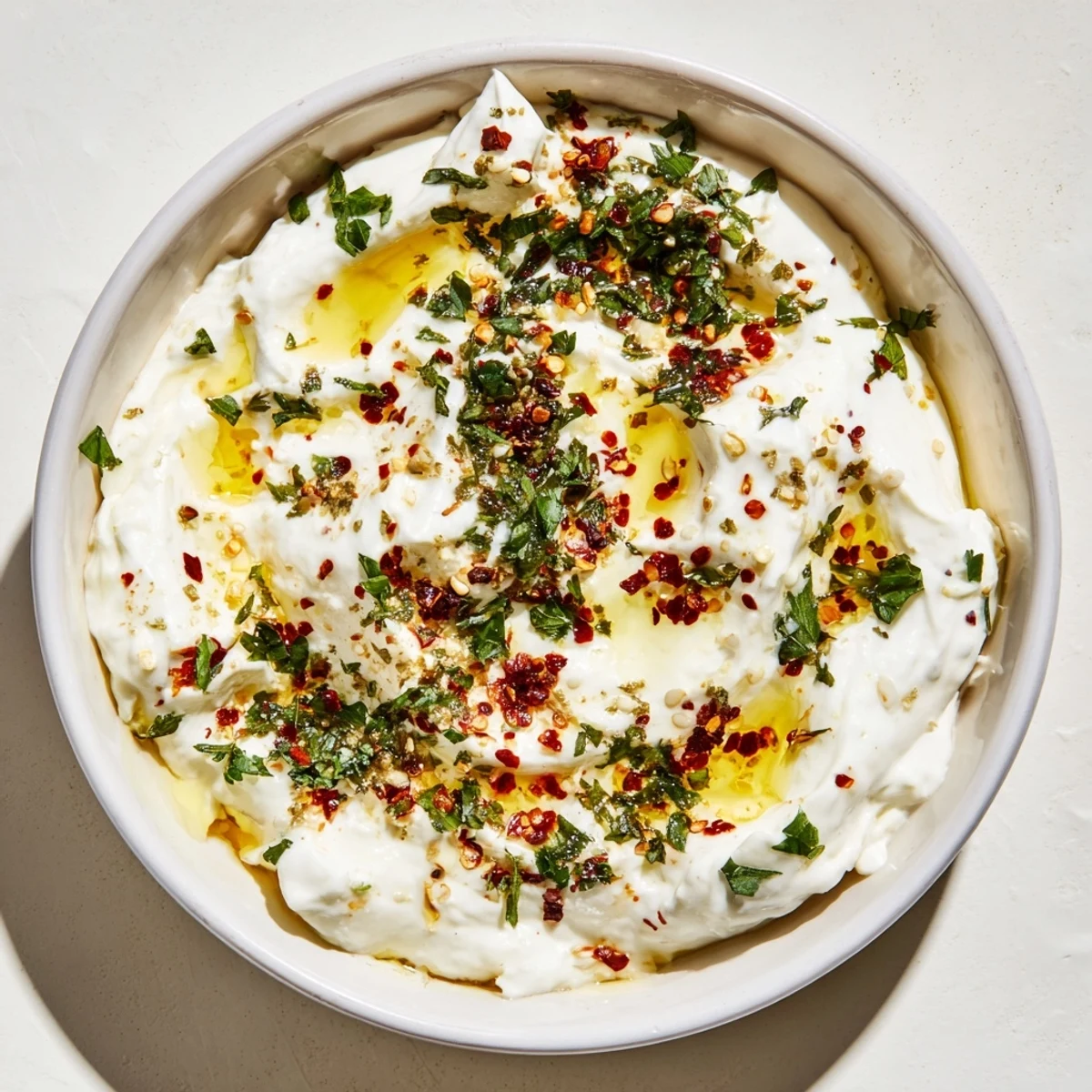 A vibrant bowl of Tyrokafteri, Greek whipped feta dip with red chili flakes, set on a wooden table for appetizer serving.