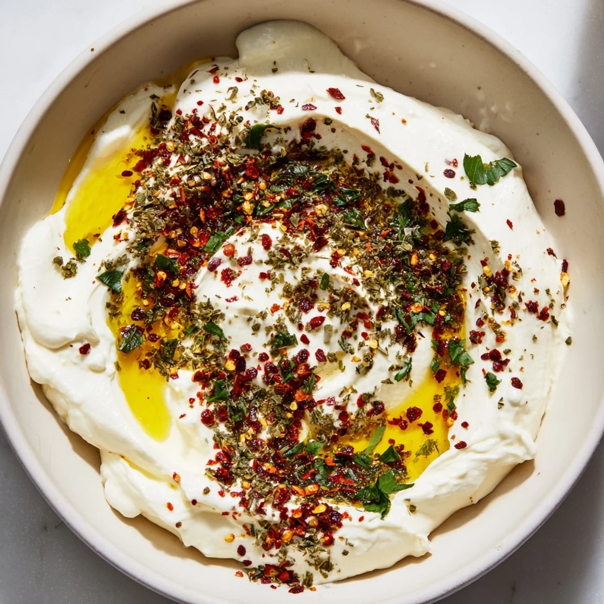 Tyrokafteri dip made with creamy feta, spicy peppers, and yogurt, drizzled with olive oil beside warm pita bread wedges.