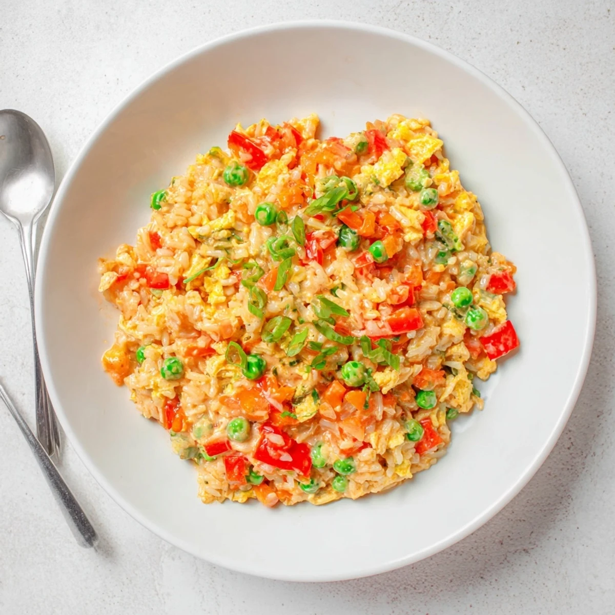 A bowl of colorful Bang Bang Fried Rice topped with sliced green onions and drizzled with creamy spicy sauce. 