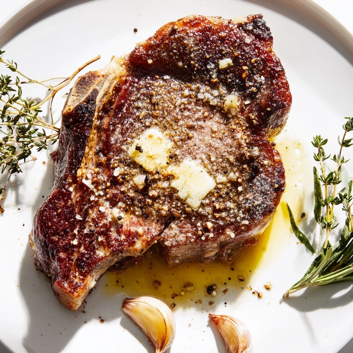 Pan seared ribeye steak with a golden crust rests on a cutting board beside garlic and herbs.