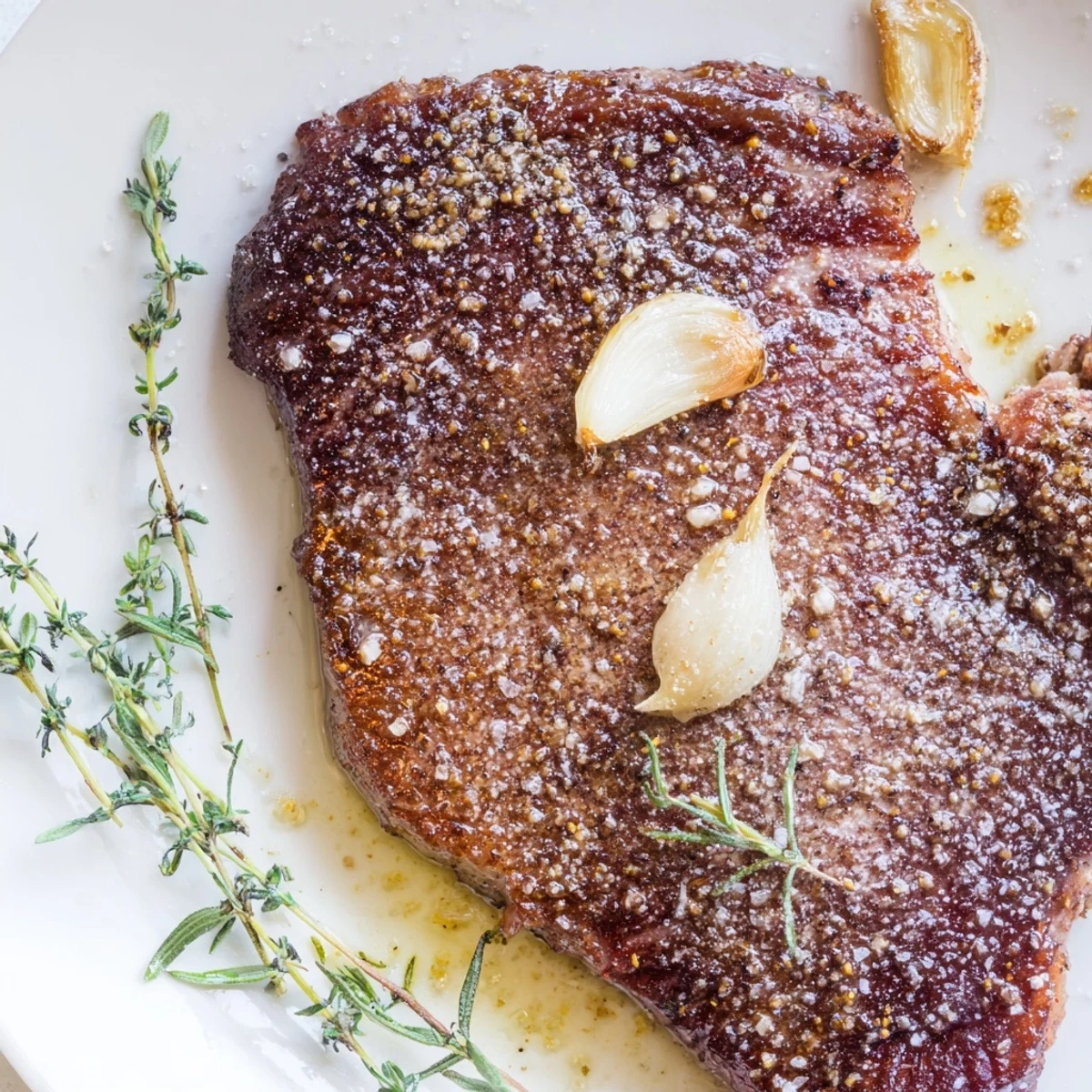 A juicy pan seared ribeye steak is served sliced to reveal its tender pink interior.