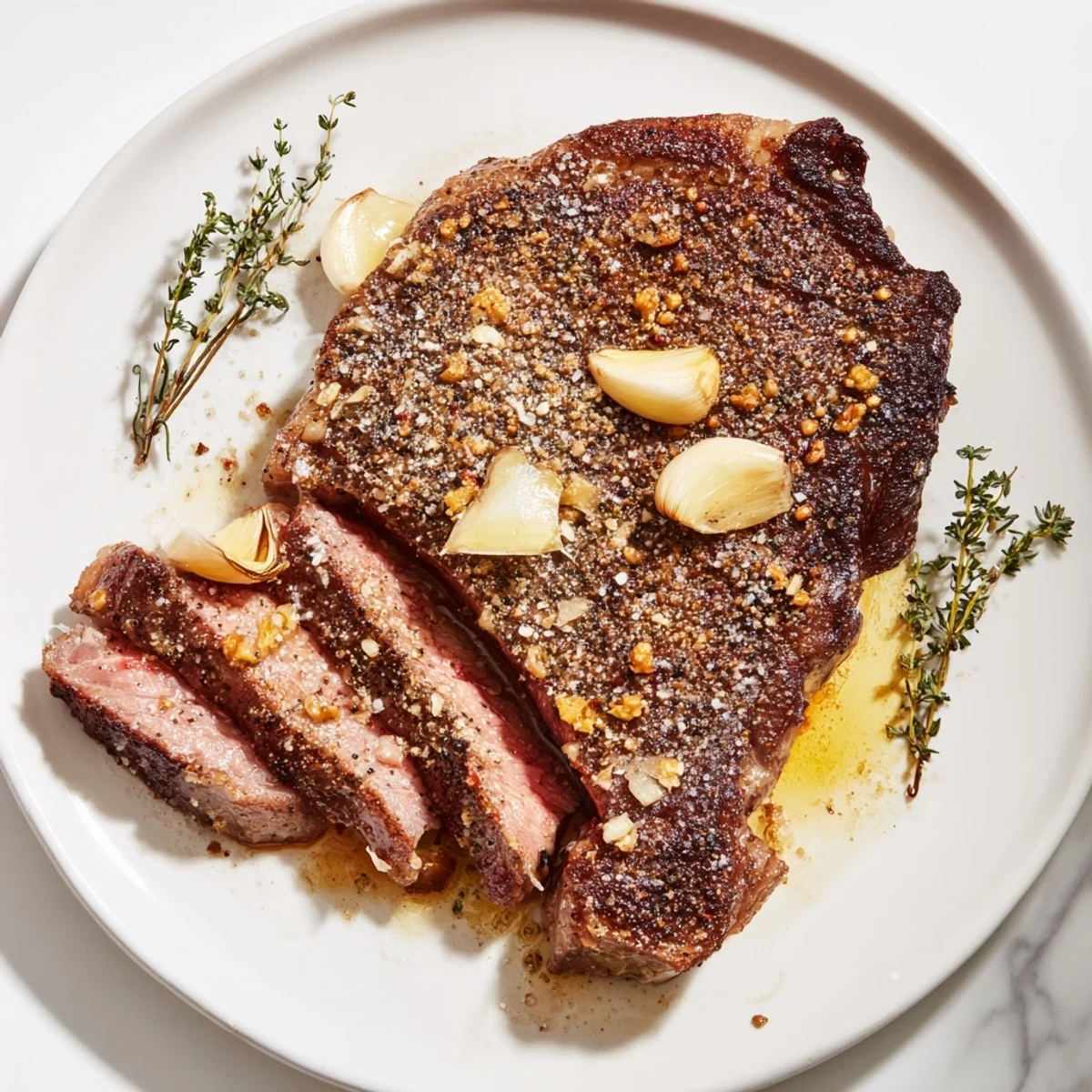 Two perfectly cooked ribeye steaks are seared in a skillet and topped with melting butter.