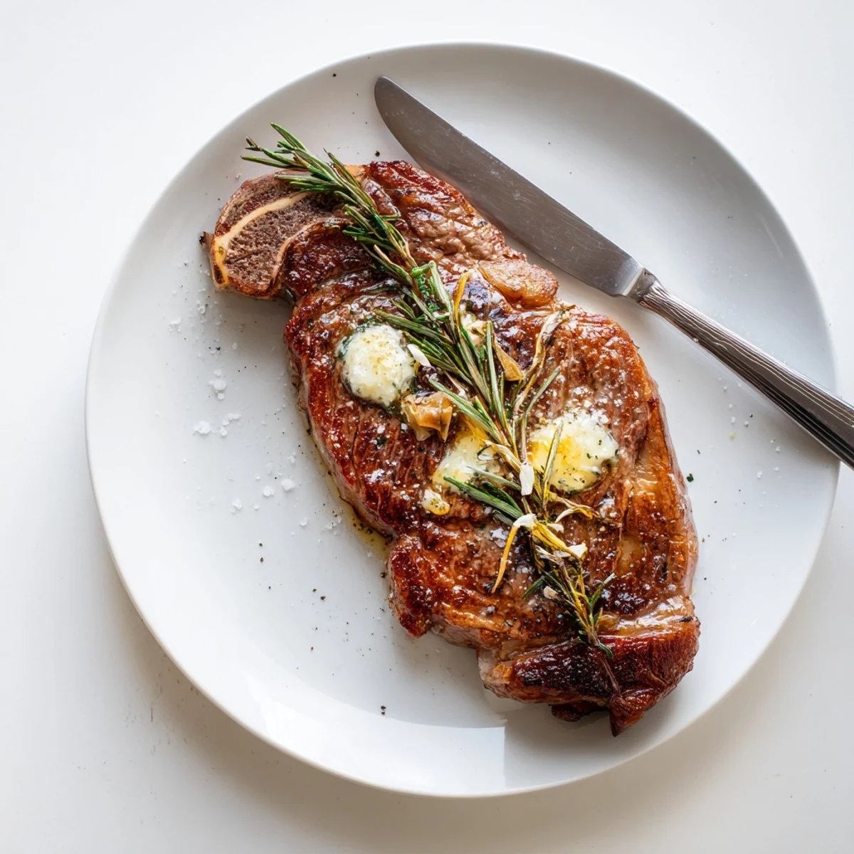 Juicy Pan Seared Ribeye Steak sizzles in a cast iron skillet, basted with melted garlic butter and rosemary.
