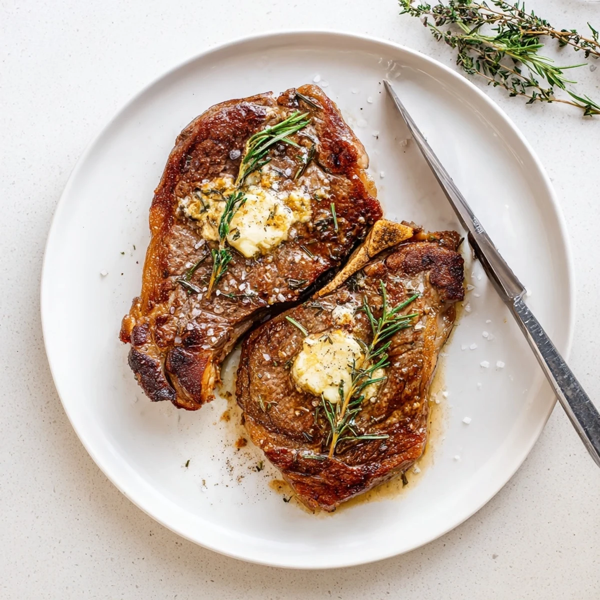 Freshly seared Pan Seared Ribeye Steak with a golden crust rests on a wooden cutting board, garnished with herbs.