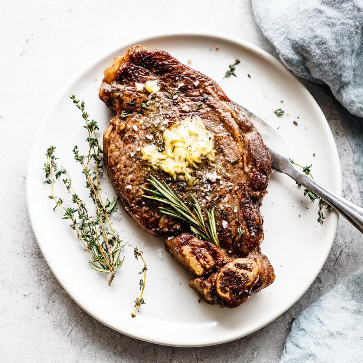 A plated Pan Seared Ribeye Steak served alongside roasted asparagus and potatoes for a hearty American dinner.