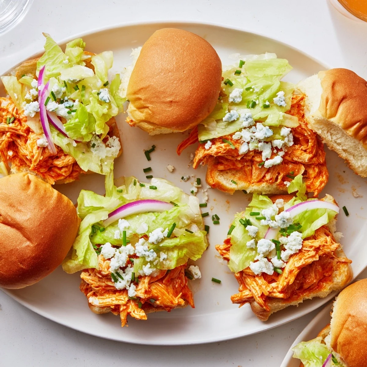 Close-up of Spicy Buffalo Chicken Sliders with crisp lettuce and red onion, baked golden and warm in the oven.