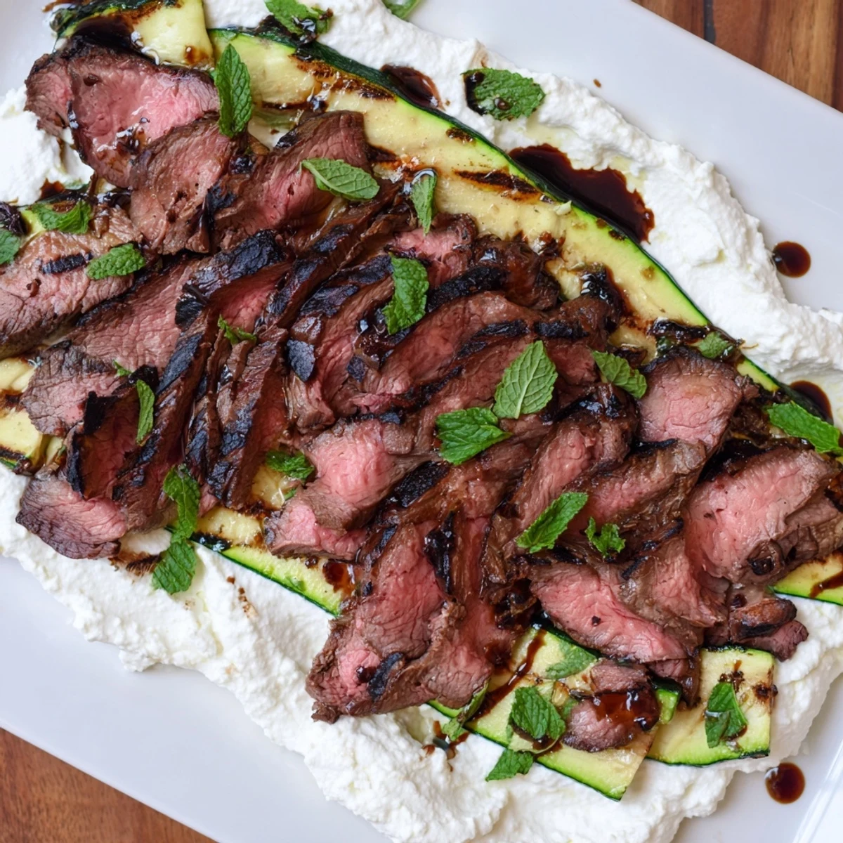 Thick slices of balsamic flank steak rest on creamy whipped feta with charred grilled zucchini beside a summer dinner plate.