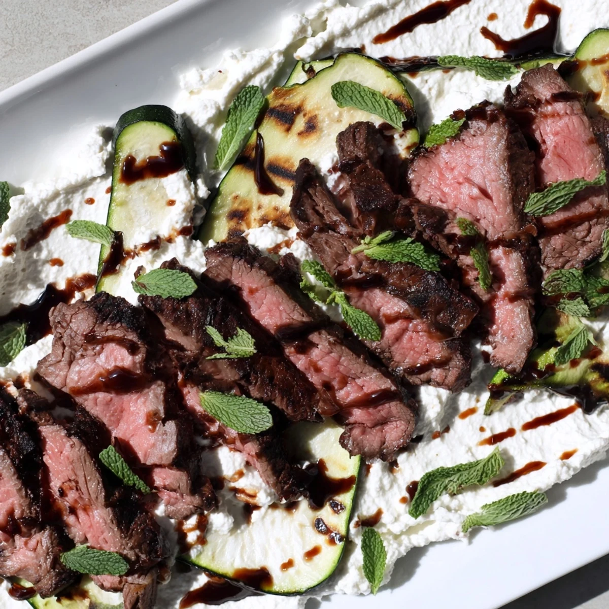 This Balsamic Flank Steak With Grilled Zucchini And Whipped Feta is plated on a rustic board garnished with fresh mint.