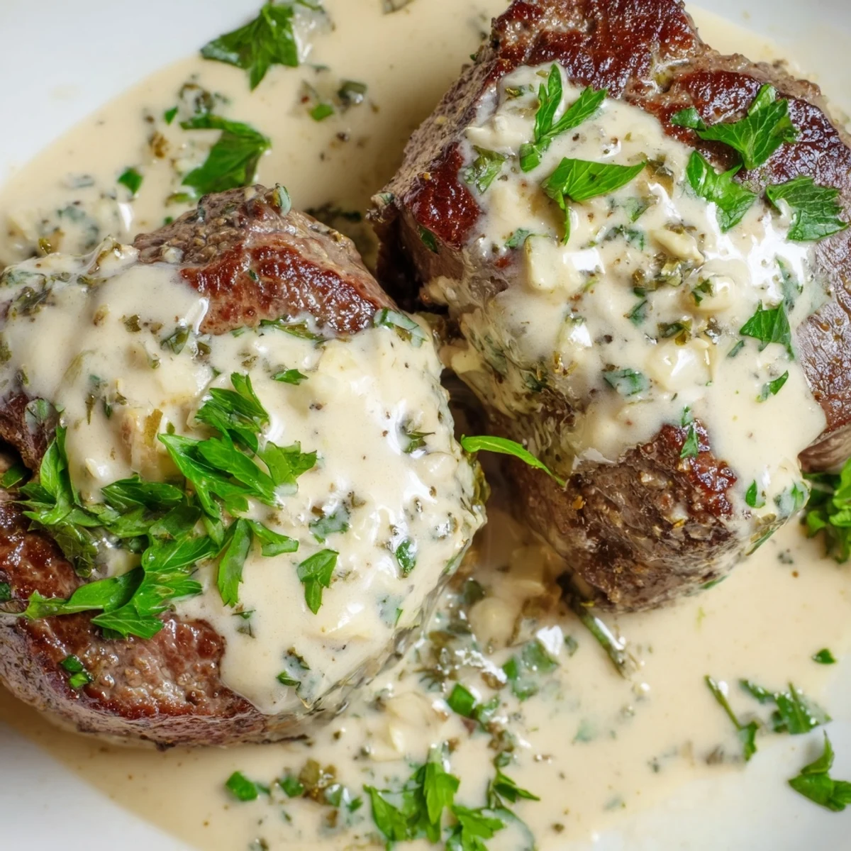 Garlic Butter Steak with Parmesan Cream Sauce features seared sirloin medallions drizzled with a creamy garlic parmesan sauce.