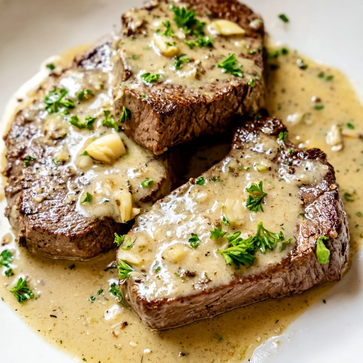 Golden-brown Garlic Butter Steak with Parmesan Cream Sauce garnished with parsley on a white ceramic dinner plate.