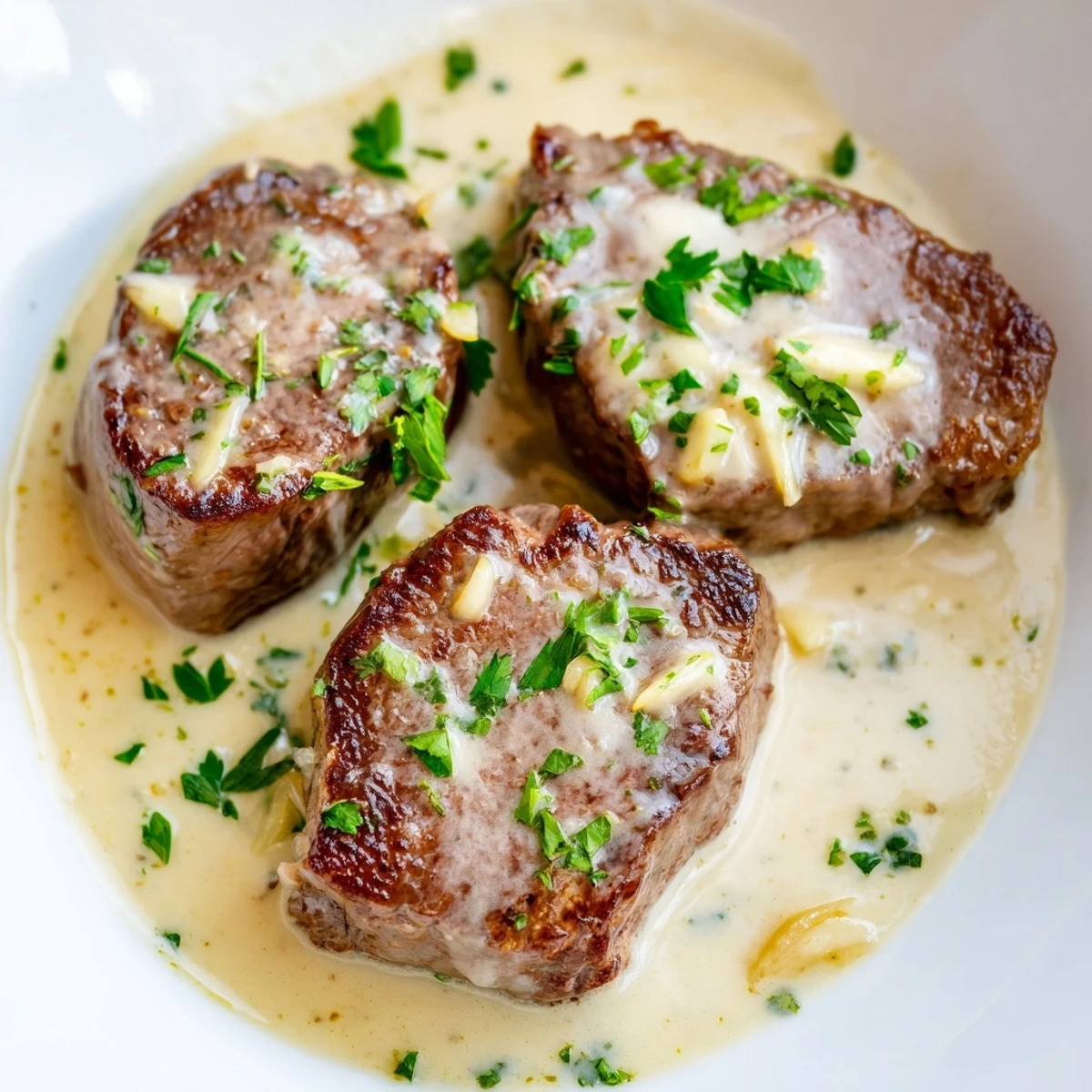 Serve this elegant Garlic Butter Steak with Parmesan Cream Sauce alongside roasted vegetables and mashed potatoes for a cozy dinner.