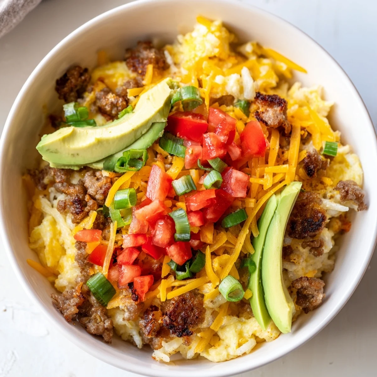 In a rustic kitchen scene, Hash Brown Breakfast Bowls are topped with diced tomatoes, sliced avocado, and green onions, ready for a satisfying American breakfast.