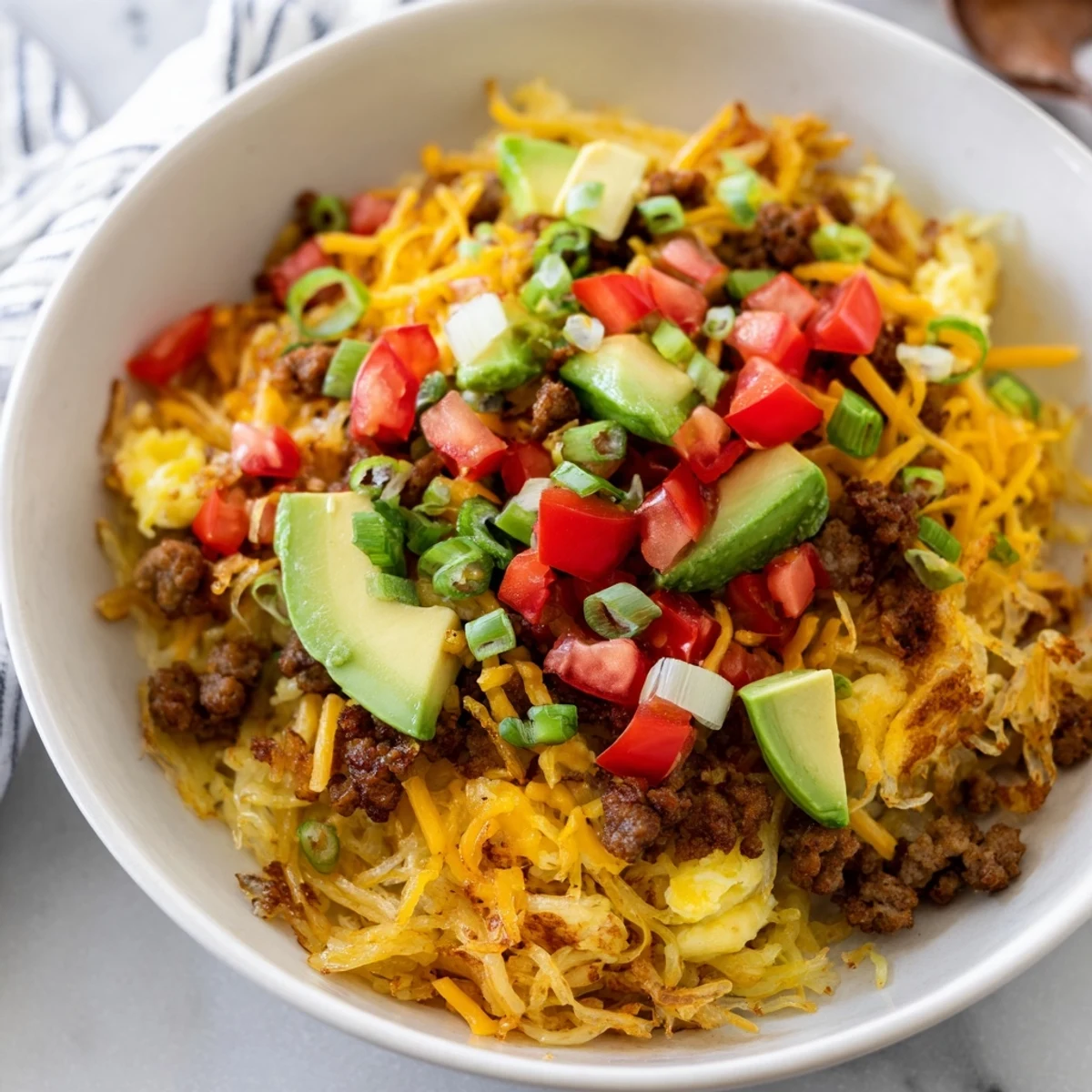 A close-up of Hash Brown Breakfast Bowls with crispy golden potatoes, fluffy scrambled eggs, sausage crumbles, and melted cheddar cheese for a hearty morning meal.