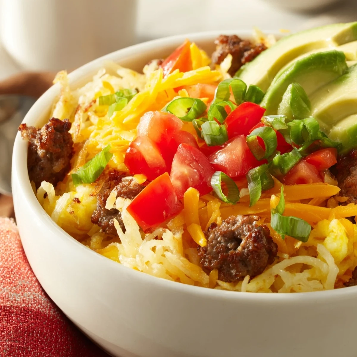 A serving of Hash Brown Breakfast Bowls features a sunny-side-up egg variation, cheesy hash browns, and savory sausage, garnished with fresh herbs and hot sauce.