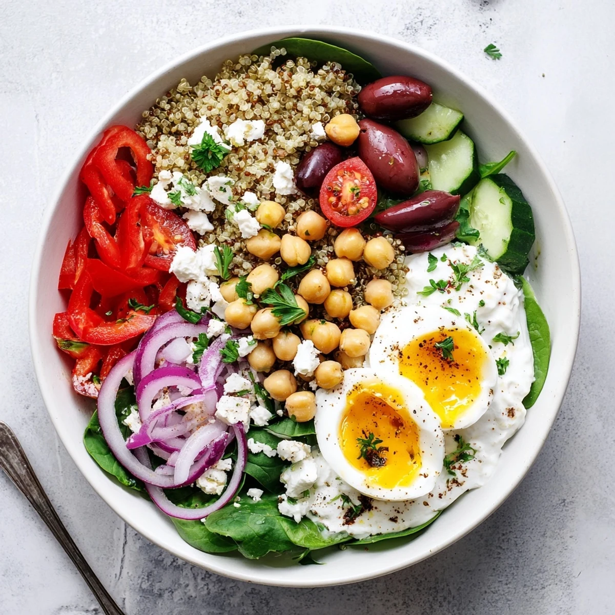 Overhead view of High Protein Mediterranean Breakfast Bowls with Greek yogurt, feta, and roasted red peppers over greens.