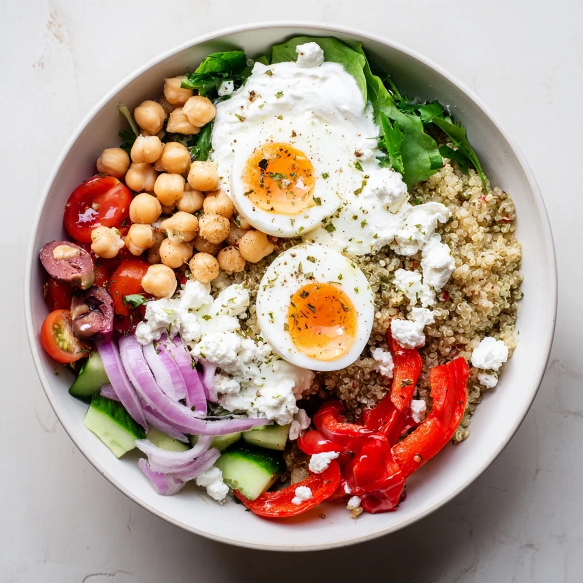 Serving suggestion for High Protein Mediterranean Breakfast Bowls with chickpeas, olives, parsley, and lemon wedges for bright flavor.