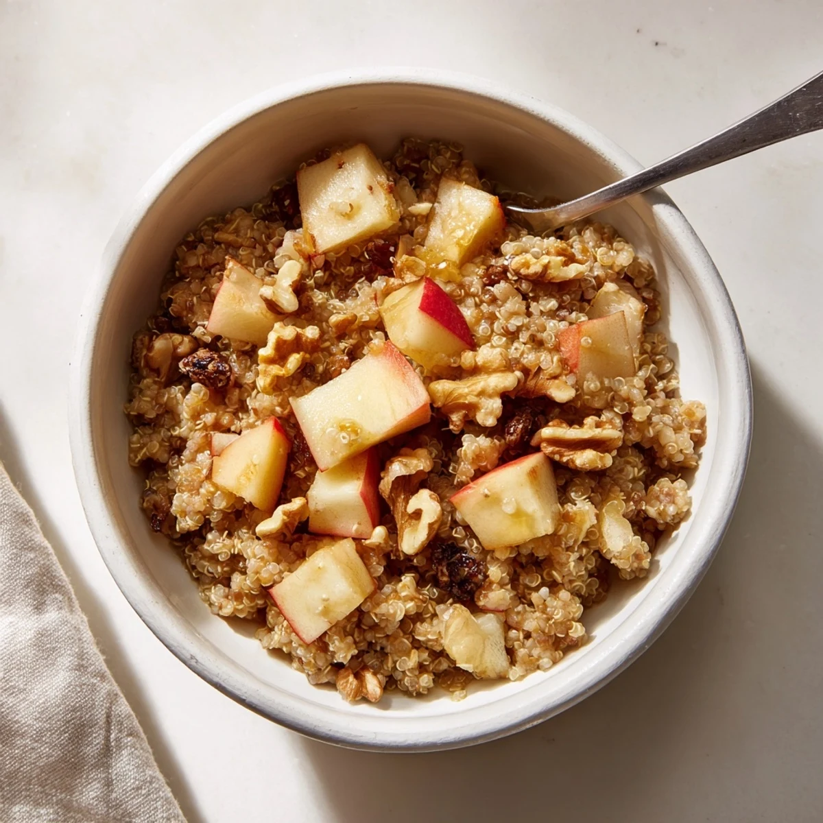 Healthy Quinoa Apple Breakfast served with plump raisins and extra apple garnish in a rustic bowl.