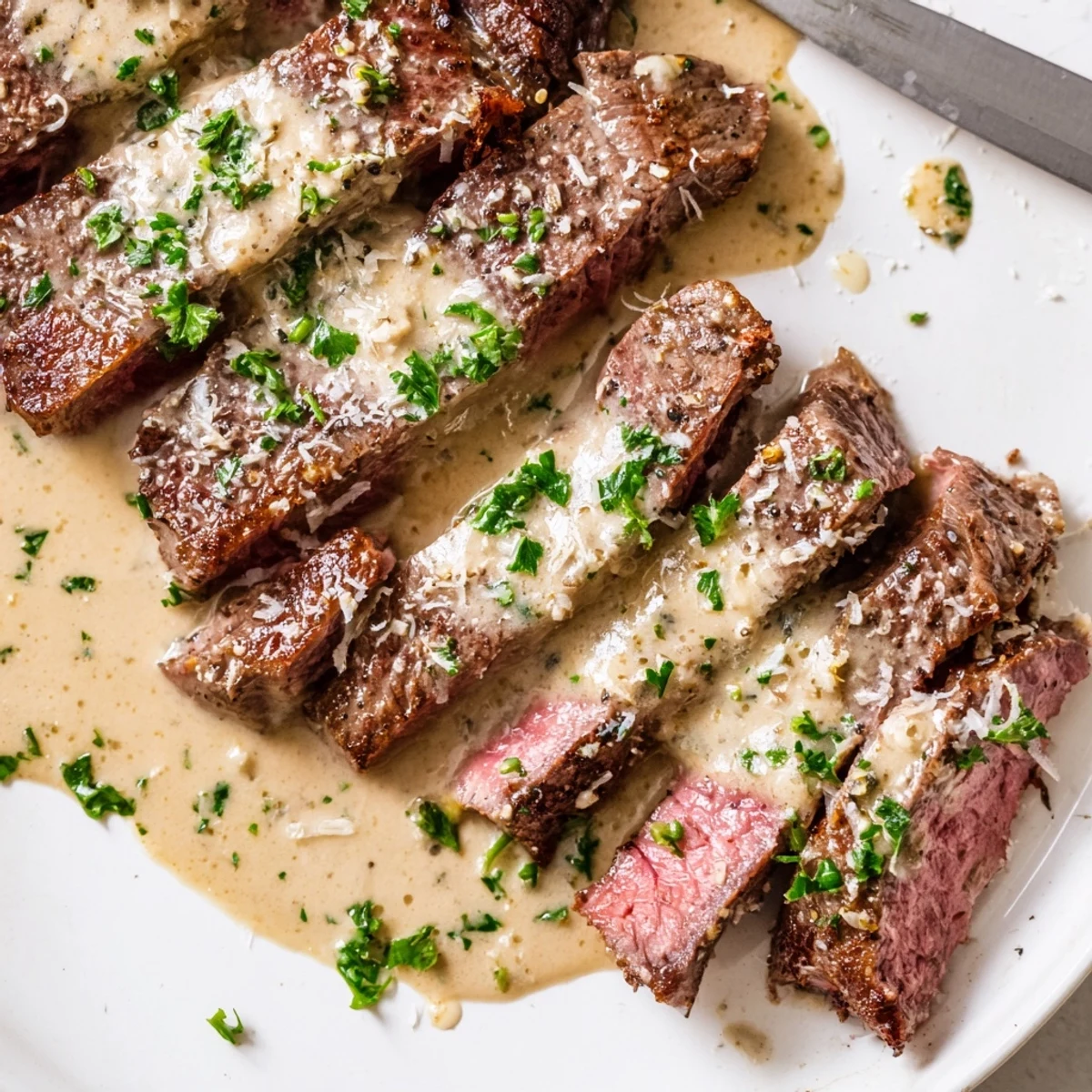 Juicy Steak with Creamy Garlic Sauce served on a white plate with fresh parsley garnish and mashed potatoes.