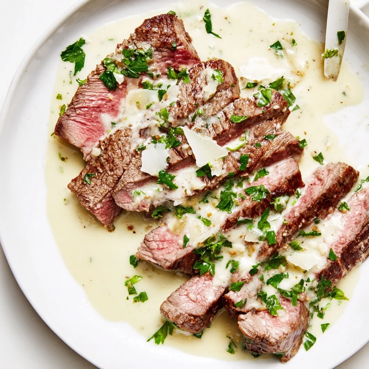 Sliced ribeye steak drizzled with rich garlic cream sauce, paired with roasted asparagus for a savory dinner.