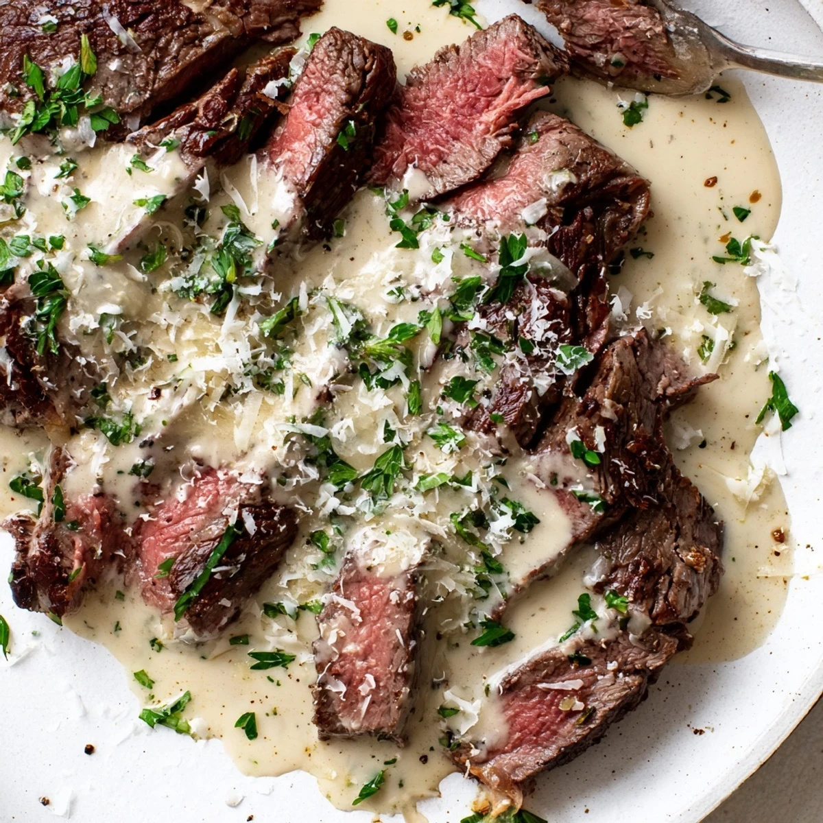 Pan-seared Juicy Steak with Creamy Garlic Sauce resting beside a glass of red wine in warm light.