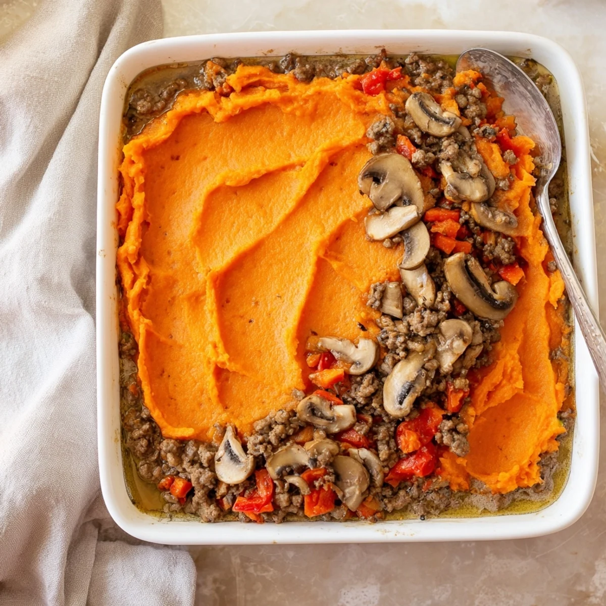 A cozy bowl of Beef, Tomato & Mushroom Cottage Pie with Sweet Potato topped with golden mash, served alongside a crisp salad.