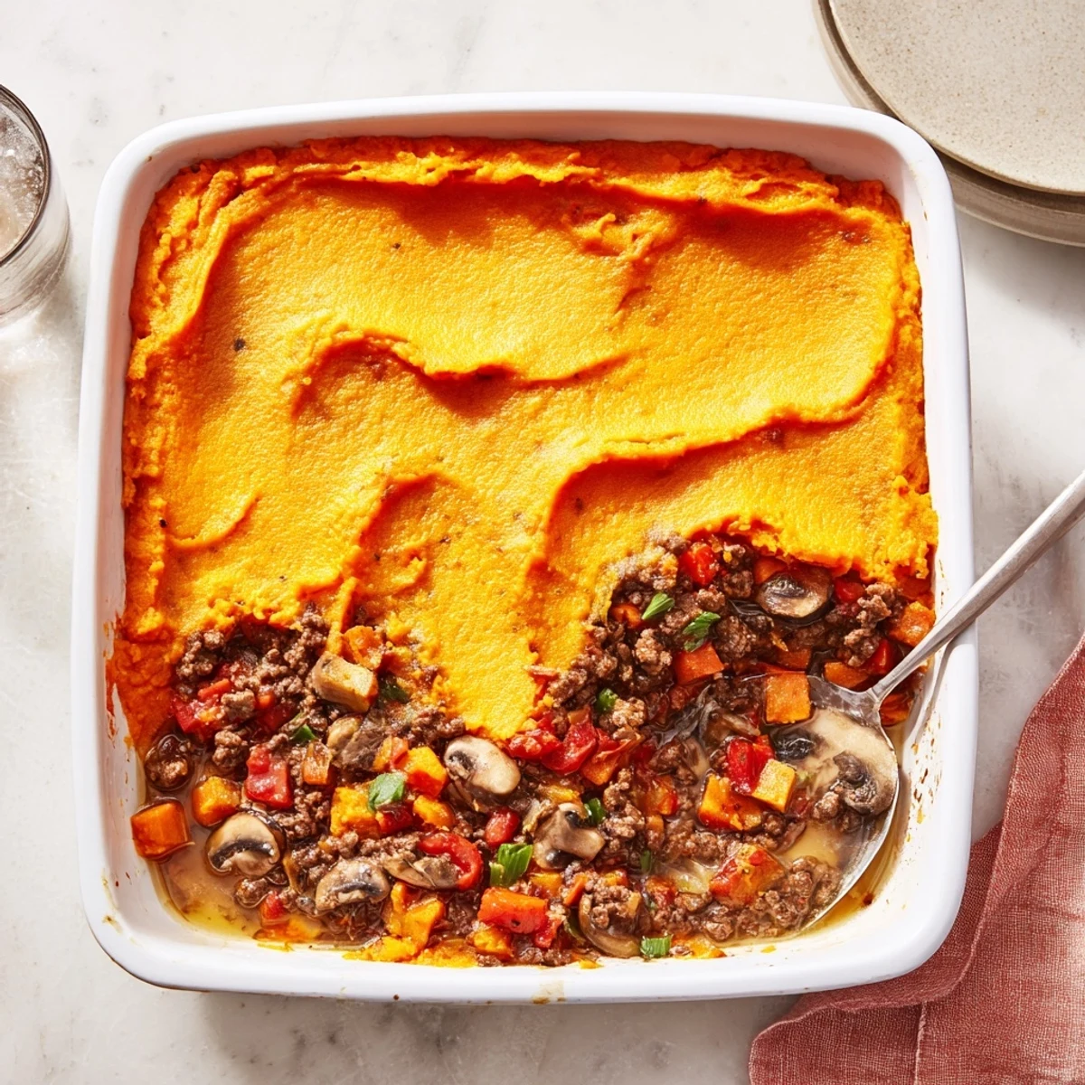 Savory Beef, Tomato & Mushroom Cottage Pie with Sweet Potato shows bubbling filling and rich, chunky sauce on a rustic wooden table.
