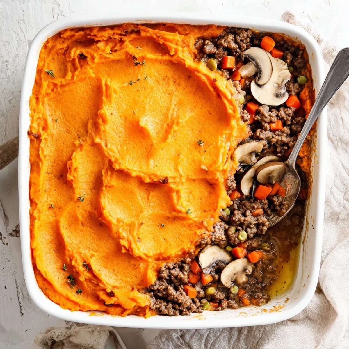 The golden sweet potato mash topping of Beef, Tomato & Mushroom Cottage Pie glistens beside a glass of red wine for dinner.