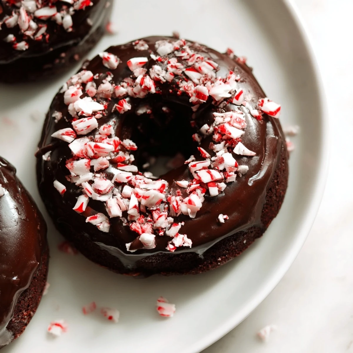 Warm, frosted Chocolate Peppermint Mochi Donuts sit on a white plate, with crushed candy cane sprinkles scattered over the rich cocoa glaze.
