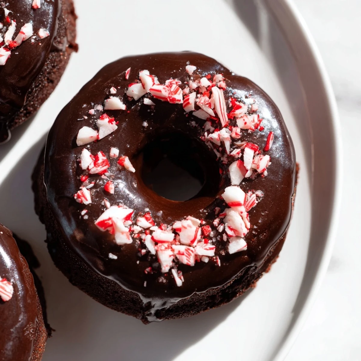 Stacked Chocolate Peppermint Mochi Donuts on a wooden board, topped with crunchy peppermint pieces, ready for a holiday dessert party.