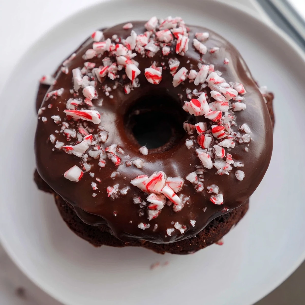 A close-up of freshly baked Chocolate Peppermint Mochi Donuts reveals their soft, chewy texture and glossy, minty glaze with festive red stripes.