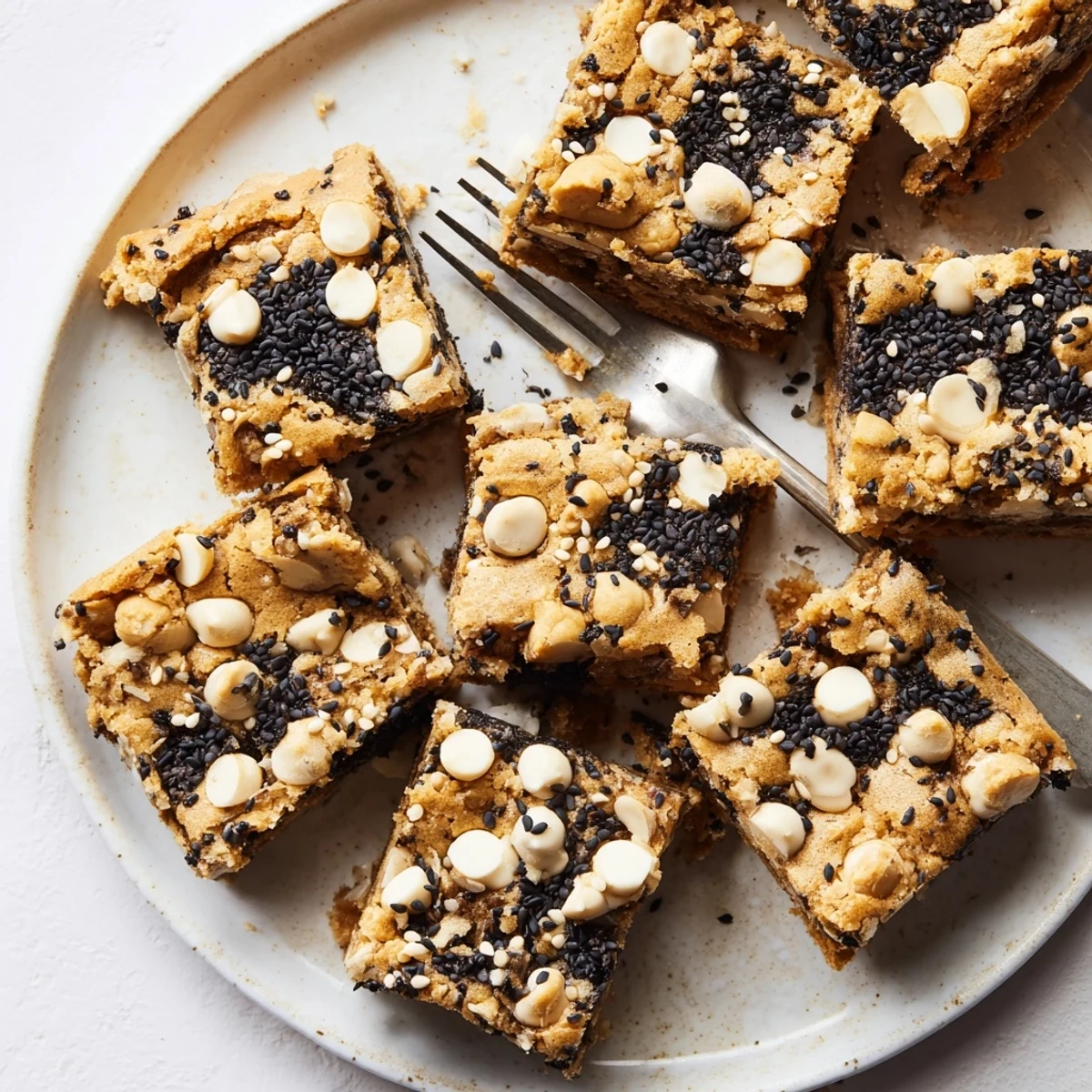 The finished Black Sesame Blondies are cut into squares, with visible sesame specks and a glossy white chocolate chip topping.  