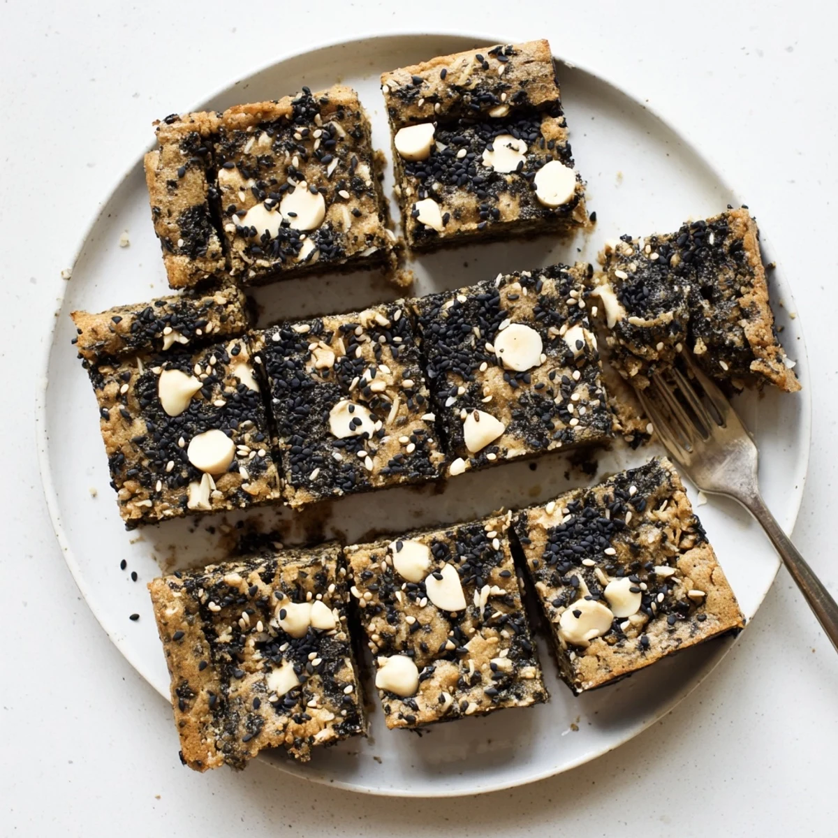A close-up shows the rich, chewy texture of Black Sesame Blondies, with toasted sesame seeds throughout.  