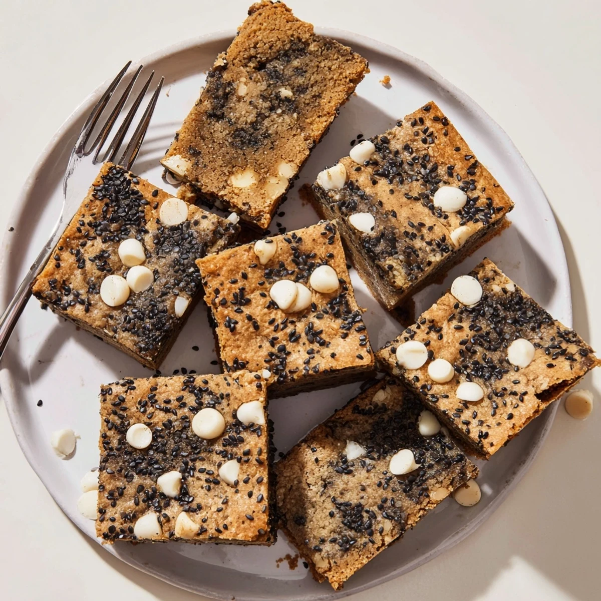 These golden-brown Black Sesame Blondies are stacked on a white plate, showcasing their fudgy interior and crackly top.