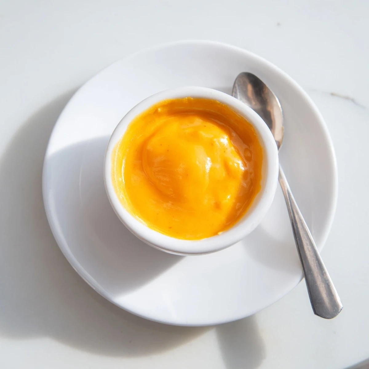 Steaming hot Snappy Cheddar Sauce poured over a baked potato for a comforting side dish.  