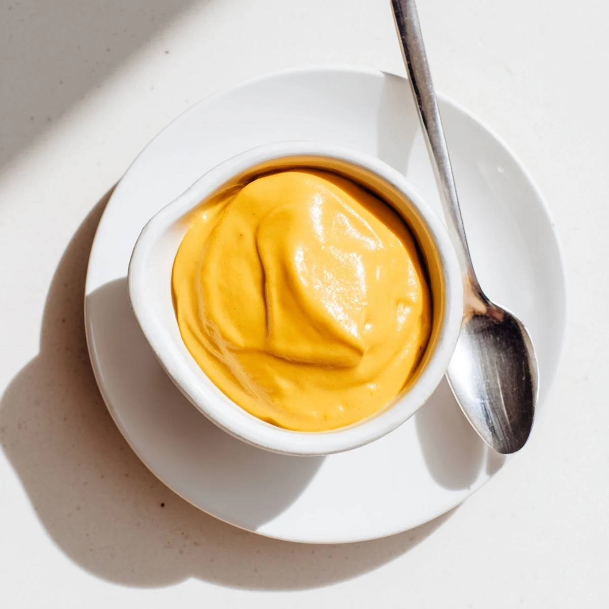 Close-up of bright orange Snappy Cheddar Sauce in a saucepan next to tortilla chips for dipping.  