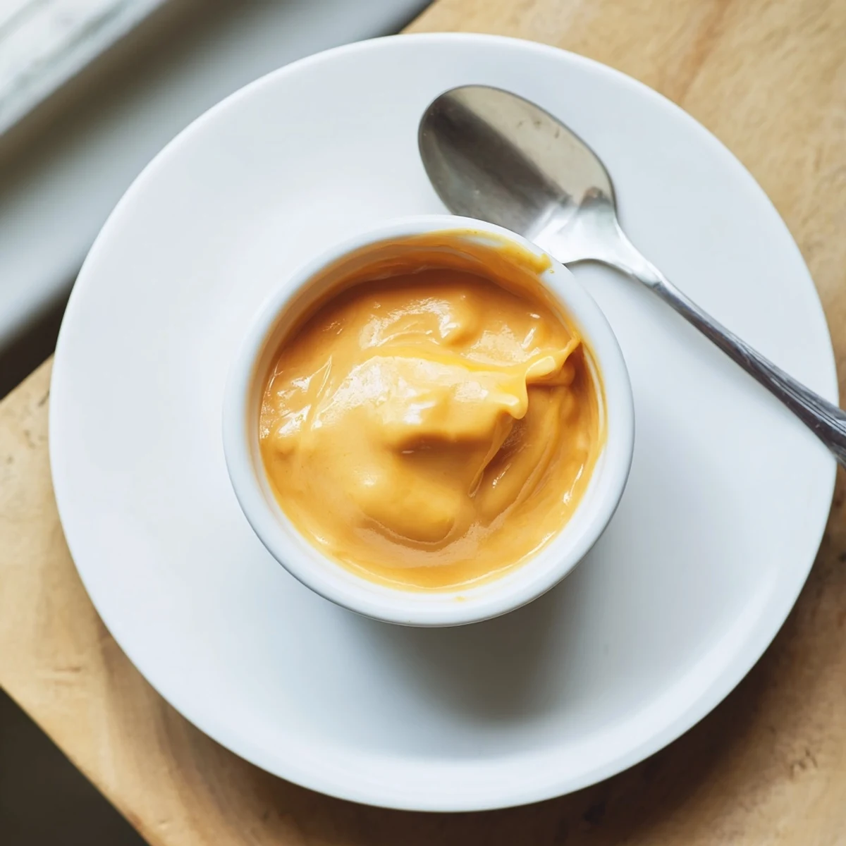 A bowl of vibrant Snappy Cheddar Sauce garnished with fresh chives, ready to serve with broccoli.