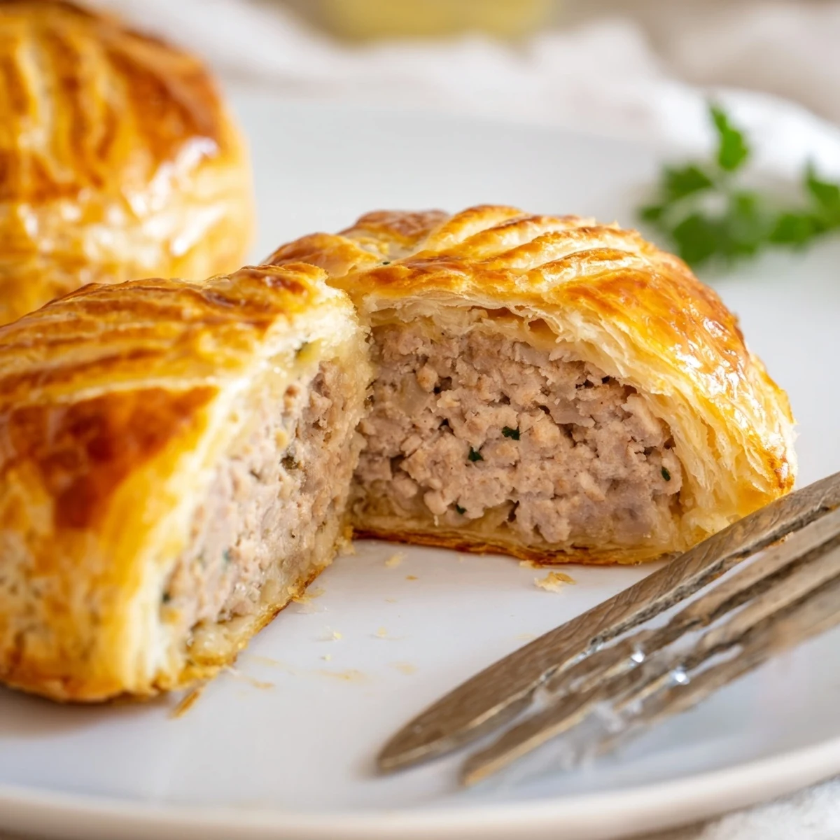 Golden-baked Pate Chaud pastries rest on a white plate, showing flaky puff pastry layers and visible savory pork filling.