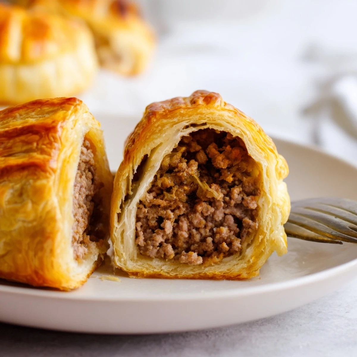 Freshly baked Pate Chaud is served on a wooden board with a small dish of dipping sauce for snacking.
