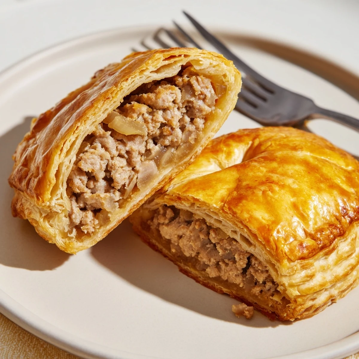 A close-up of Pate Chaud reveals golden, crispy edges and a steamy, seasoned pork filling inside the pastry.