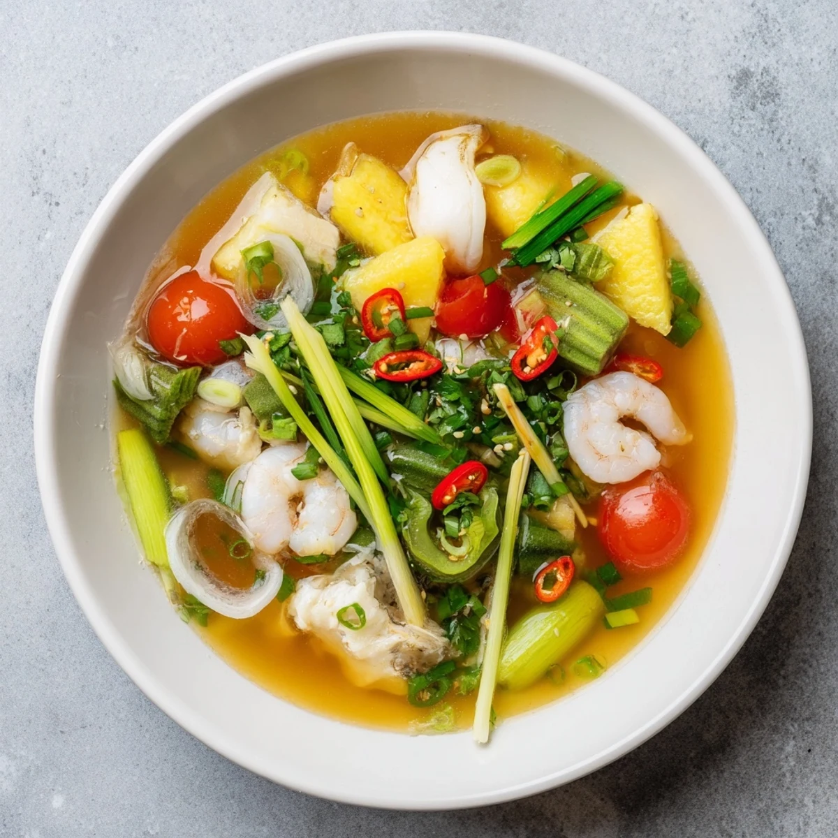 A steaming bowl of Canh Chua soup with tender fish fillets and bright pineapple pieces, garnished with fresh cilantro and Thai basil.