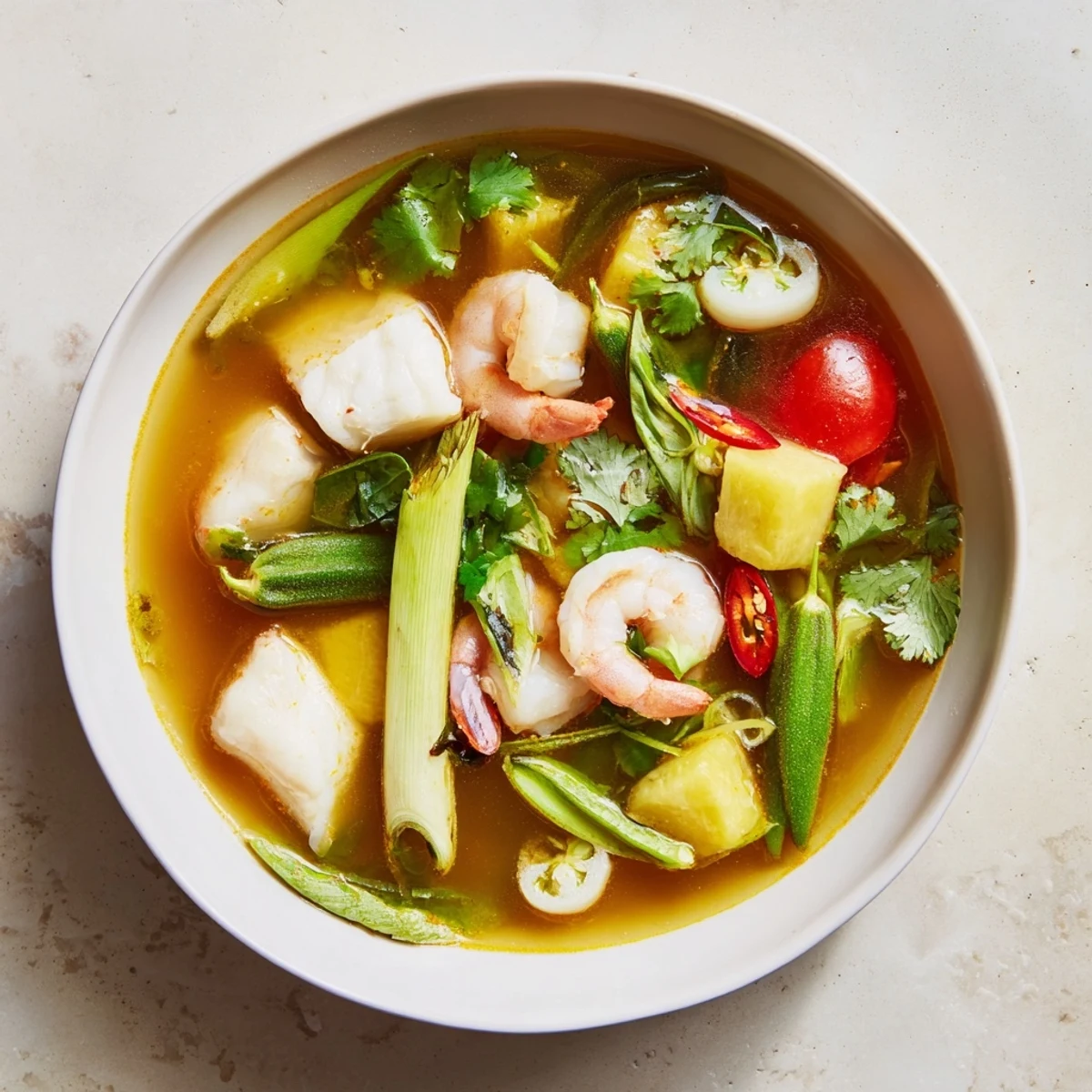 Close-up view of Canh Chua recipe showing chunks of white fish, shrimp, and bean sprouts swimming in tangy tamarind broth.