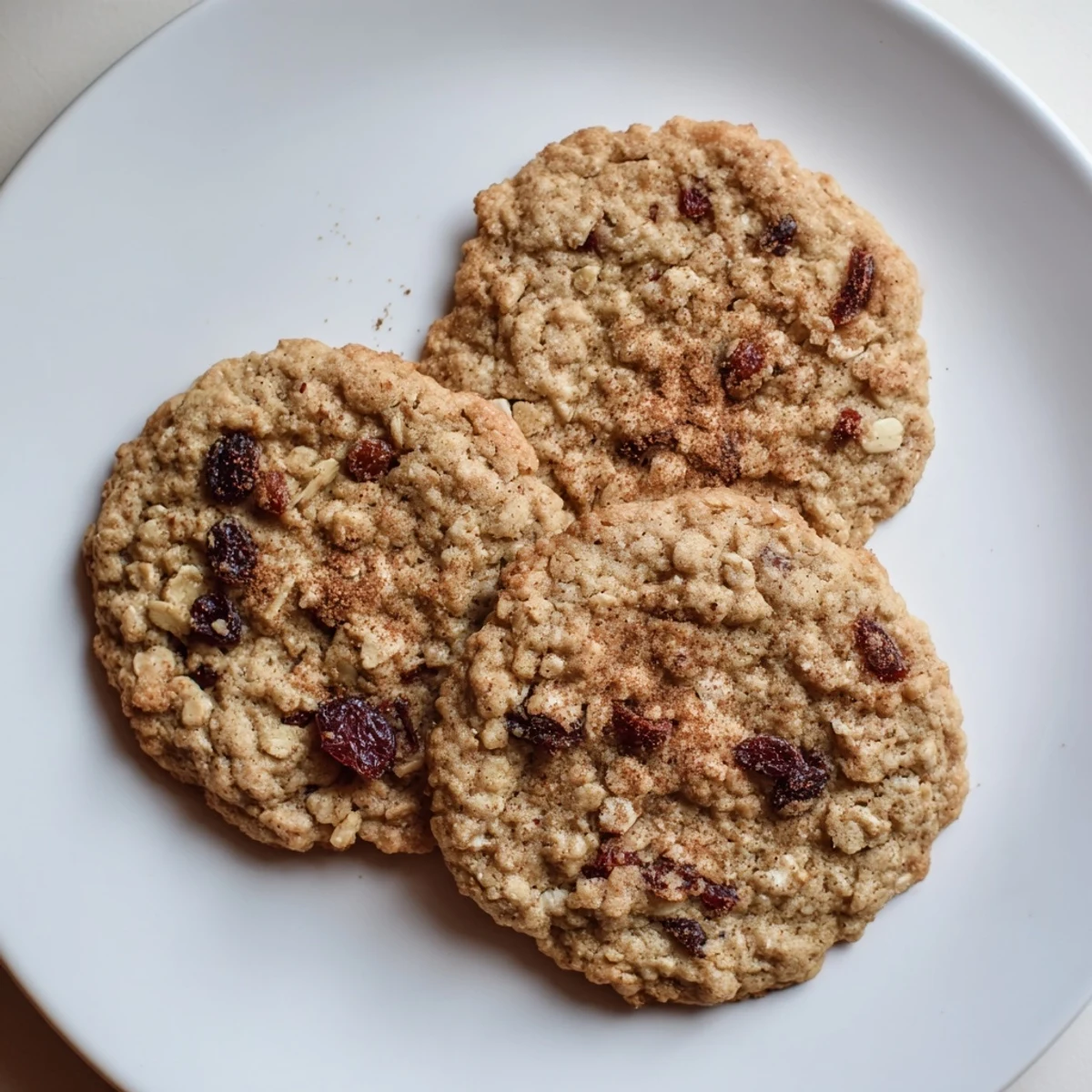 A close-up of freshly baked Chai Oatmeal Craisin Cookies on a cooling rack, showing chewy texture and glistening cranberries.